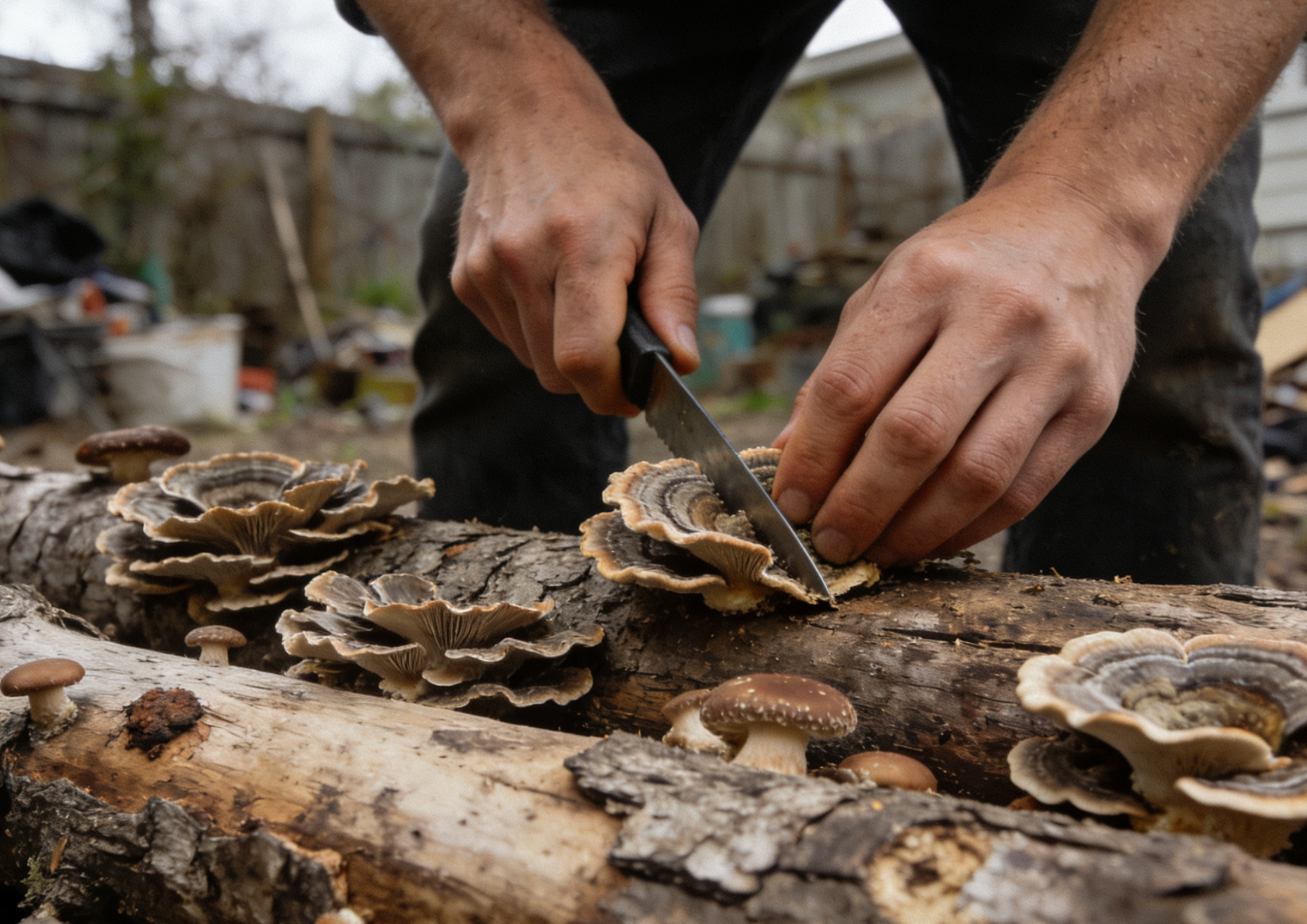 a person harvesting turkey tail mushroom