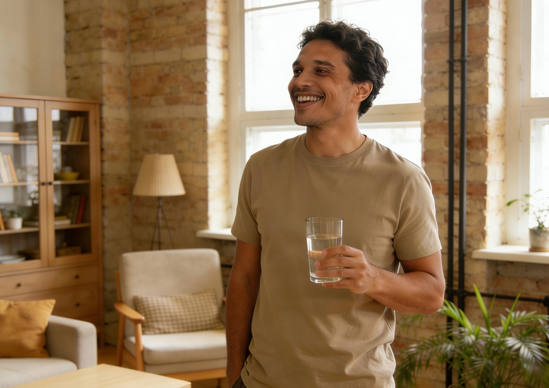 a happy man holding a glass of water